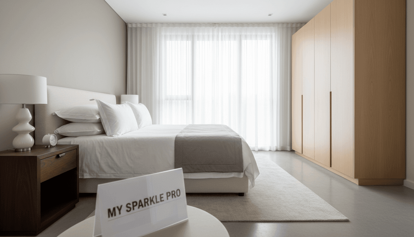 Luxurious, meticulously cleaned bedroom with natural light and elegant decor